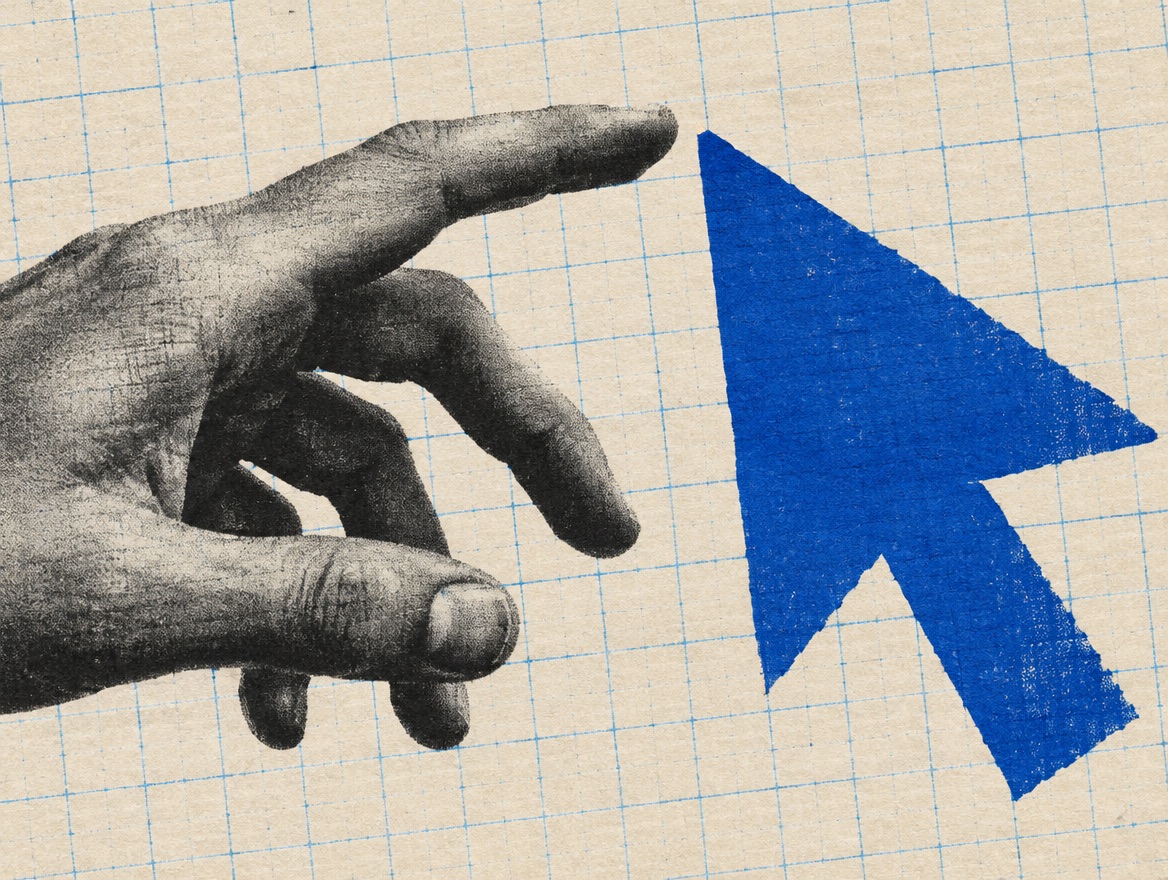 A printed collage of a hand reaching toward a blue cursor