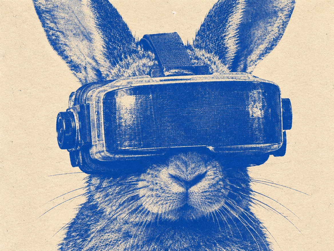 A rabbit wearing early virtual reality goggles