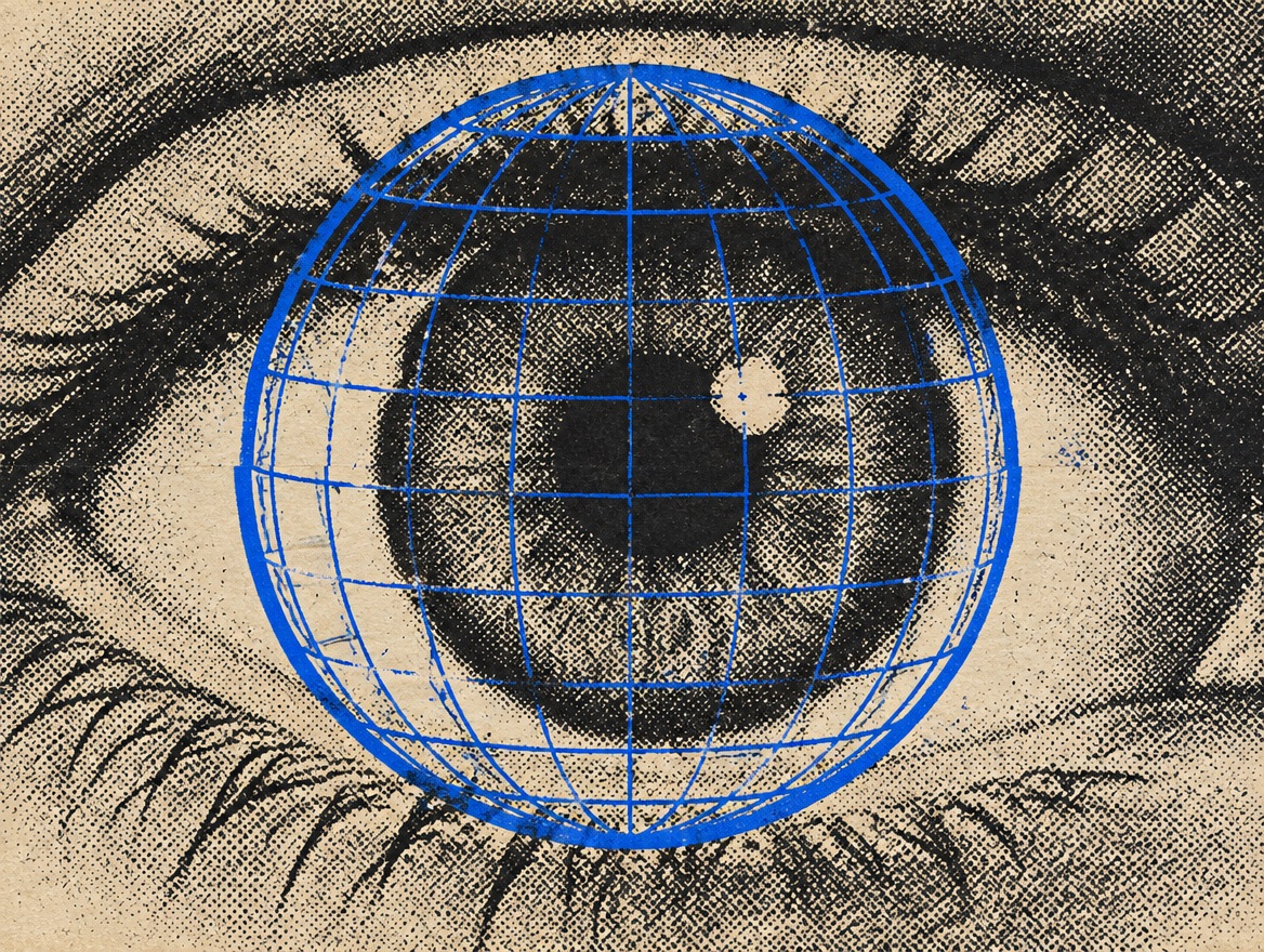 A halftone eye behind a blue wireframe lens