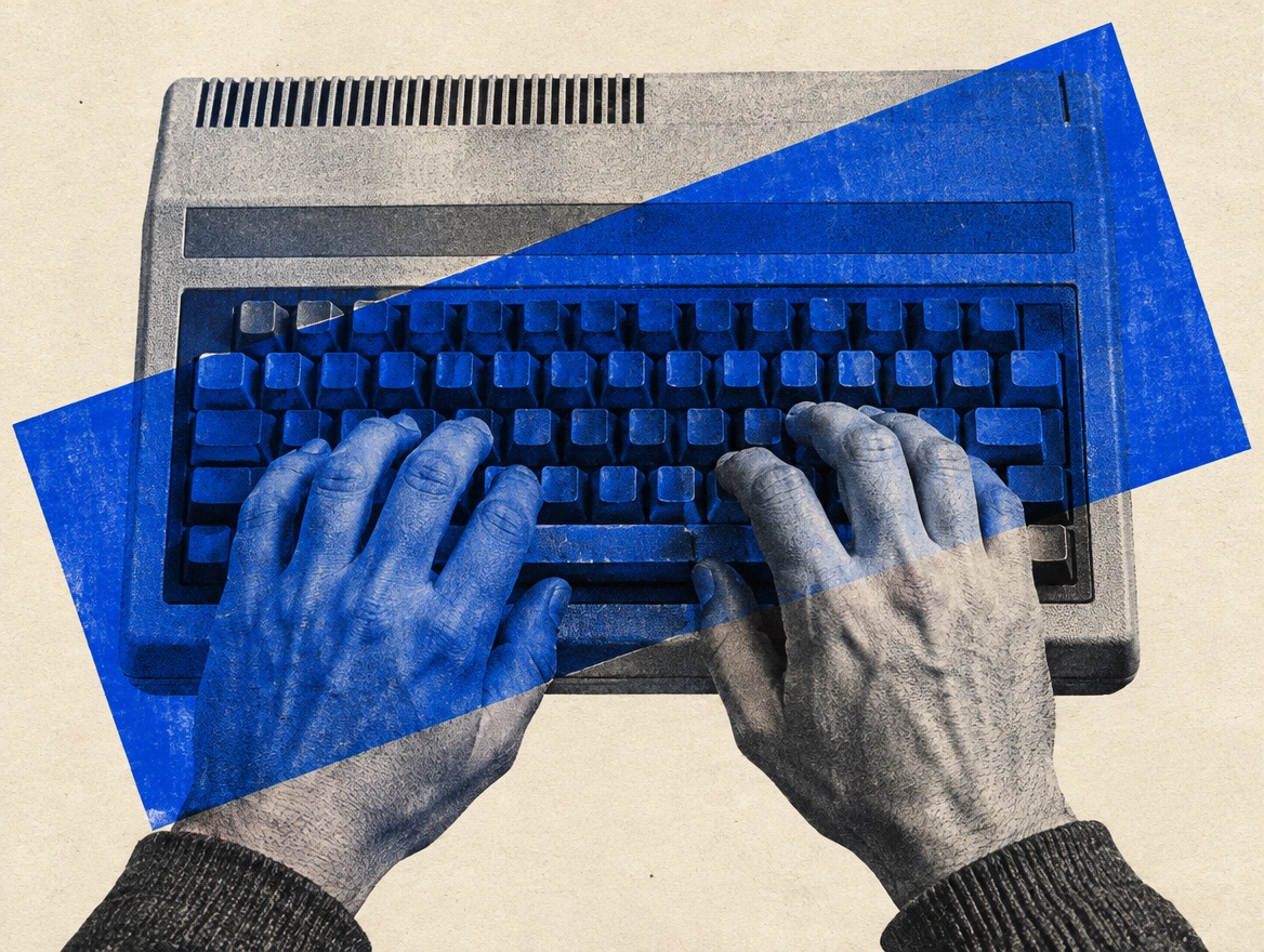 Hands at a vintage keyboard in a blue paper collage