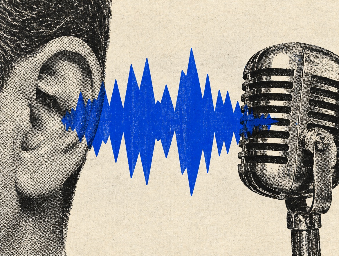 An ear and microphone connected by a printed blue waveform