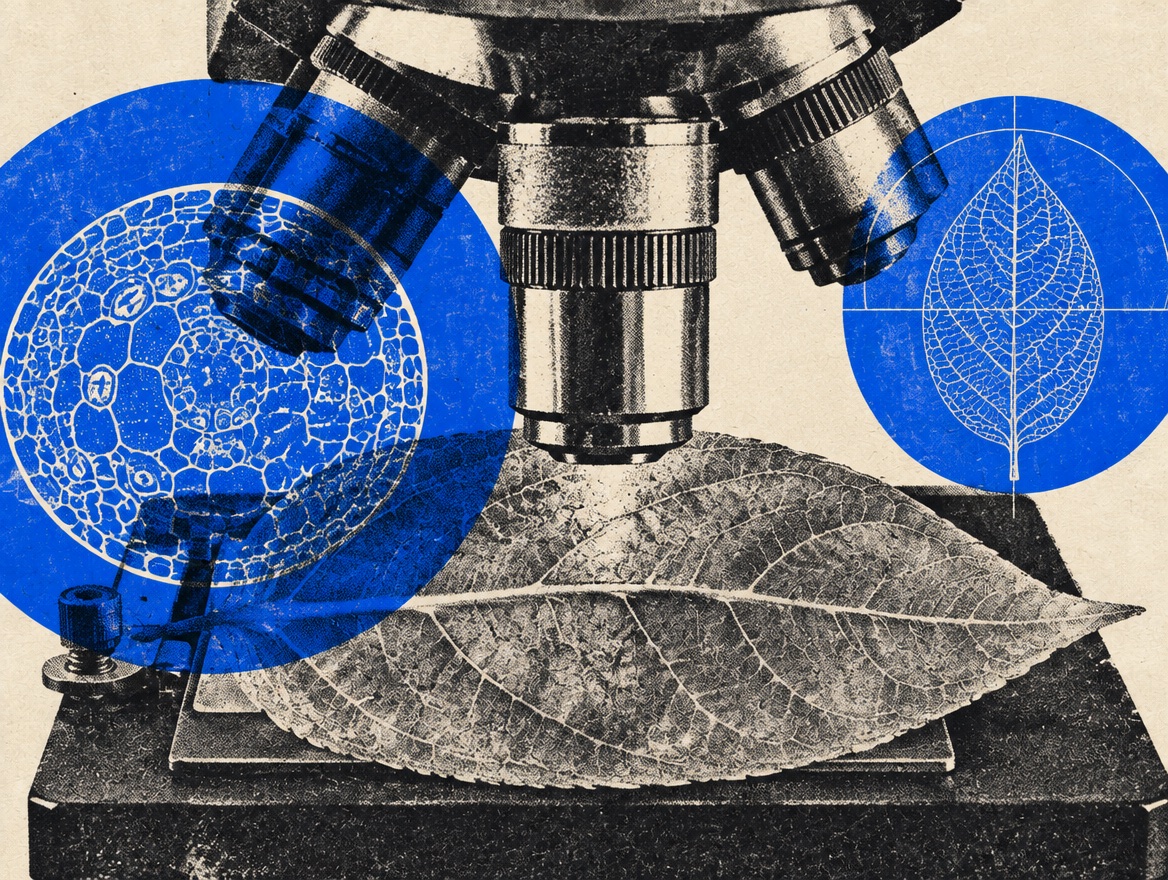 A microscope and botanical specimen in blue scientific collage